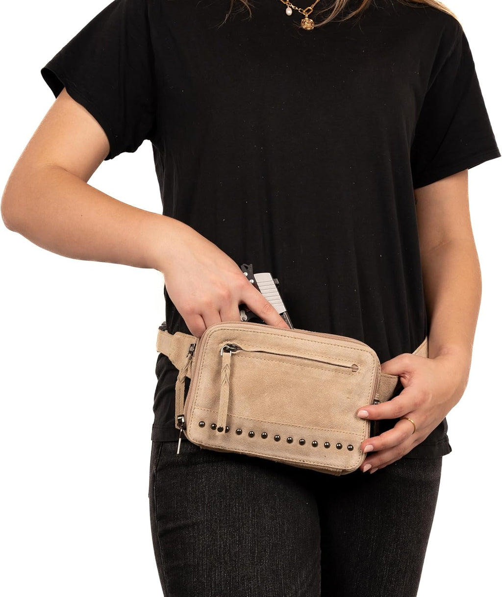 Lady Conceal Kailey Concealed Self Defence Waist Bag by Lady Conceal - Buffalo or Suede Cowhide Leather, 3 Open Sides and Locking Zippers with Universal Holster (Sand) - 8' L x 5.5' H x 2.25'