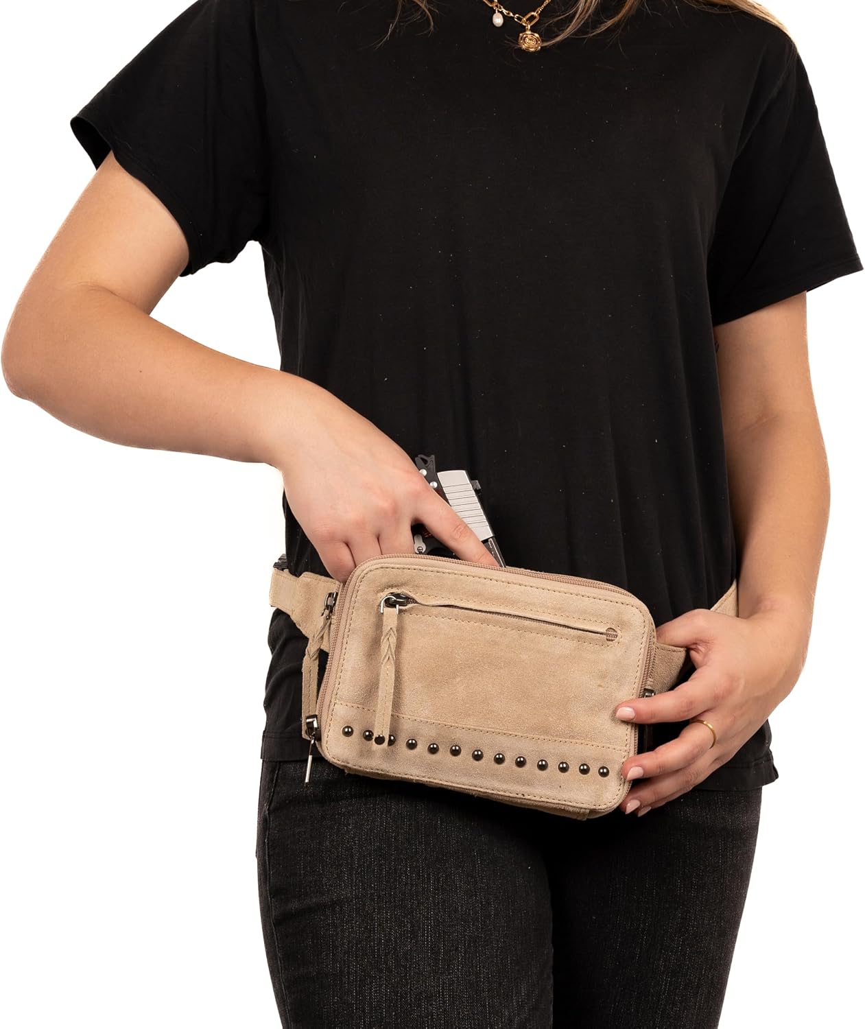 Lady Conceal Kailey Concealed Self Defence Waist Bag by Lady Conceal - Buffalo or Suede Cowhide Leather, 3 Open Sides and Locking Zippers with Universal Holster (Sand) - 8' L x 5.5' H x 2.25'