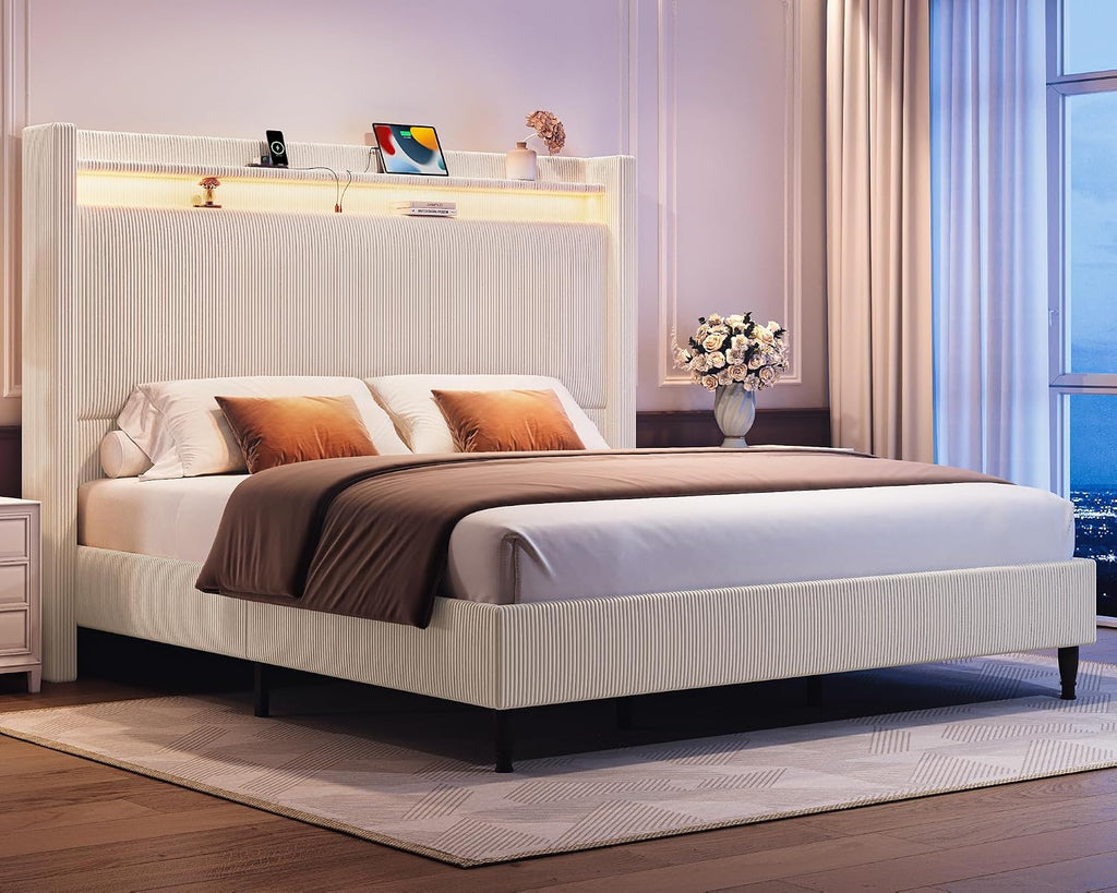 King Size Bed Frame with Tall Headboard, 55.3' Upholstered Platform King Bed Frame, Elegant Corduroy Wingback Bed with LED Lights & Charging Station, No Box Spring Needed, Solid Wood Slats, Cream