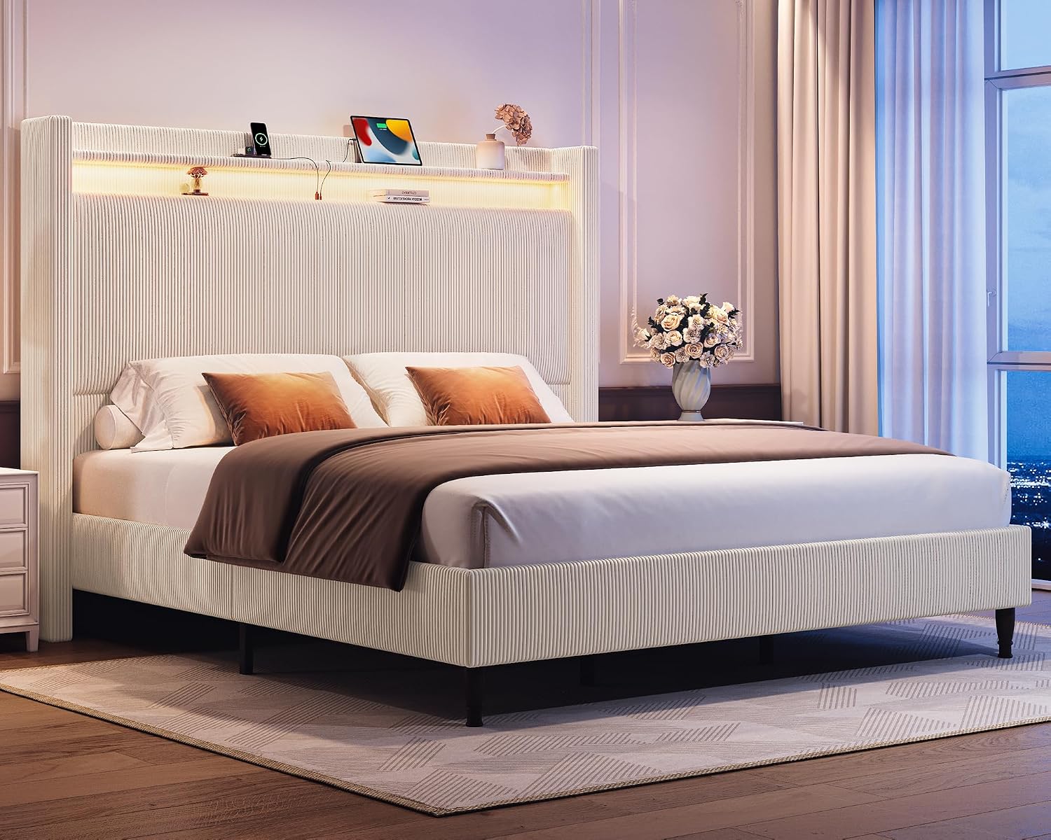 King Size Bed Frame with Tall Headboard, 55.3' Upholstered Platform King Bed Frame, Elegant Corduroy Wingback Bed with LED Lights & Charging Station, No Box Spring Needed, Solid Wood Slats, Cream