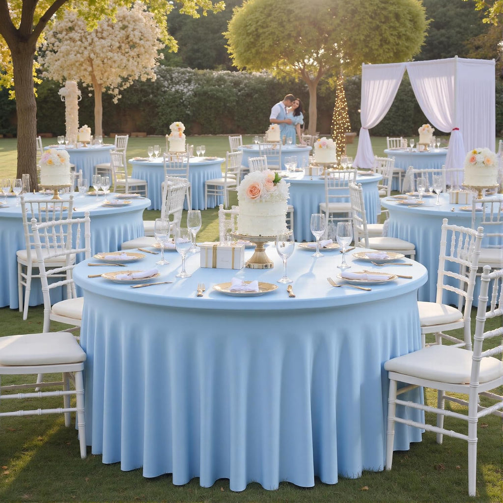6 pk Blue Round Spandex Tablecloths 60 in with Ruffled Skirt,Wrinkle Free High-Stretch 120 inch Table Cloth Round Fitted 5ft Tables Baby Blue Spandex Table Covers 5ft for Party Wedding Banquet