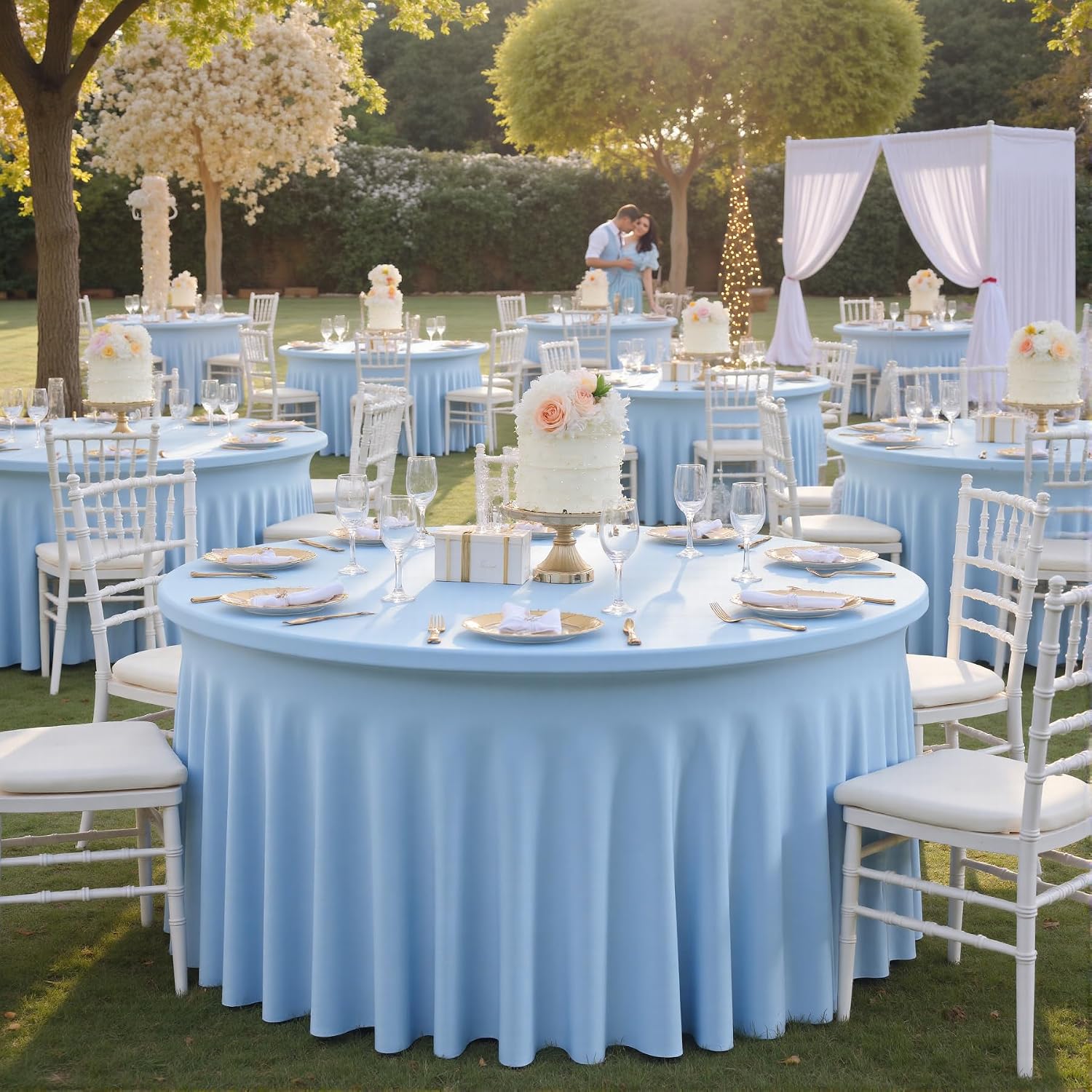 6 pk Blue Round Spandex Tablecloths 60 in with Ruffled Skirt,Wrinkle Free High-Stretch 120 inch Table Cloth Round Fitted 5ft Tables Baby Blue Spandex Table Covers 5ft for Party Wedding Banquet