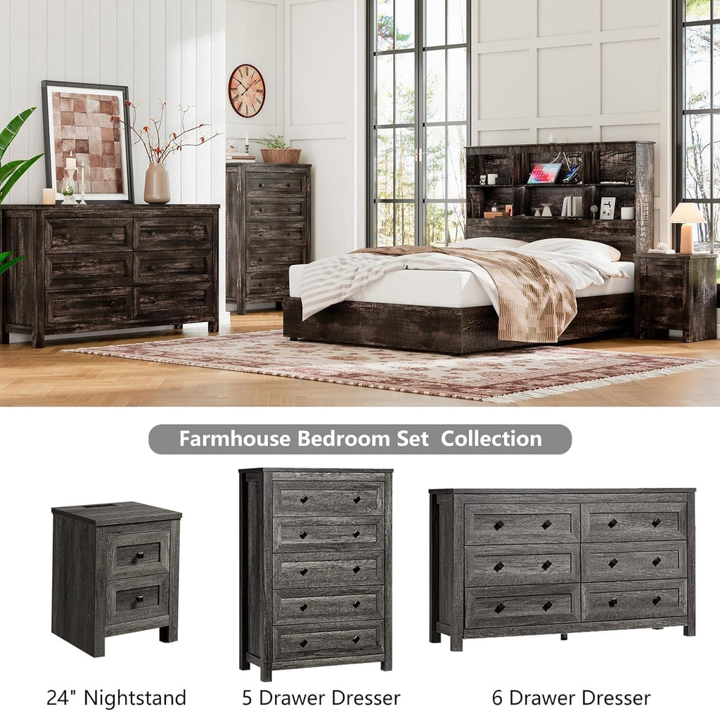 LUXOAK 2-Piece Farmhouse Bedroom Set, King Size Bookcase Bed Frame and 6 Drawers Dresser, Wooden Storage Bed with Charging Station & 4 Drawers, Rustic Chest of Drawers Closet for Bedroom, Grey