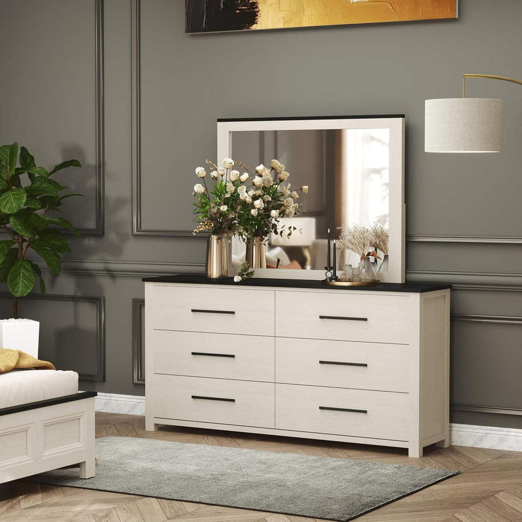 Roundhill Furniture Realynn 5-Piece Wood Bedroom Set, King Size Panel Bed with Dresser, Mirror, and 2 Nightstands, Off-White Finish
