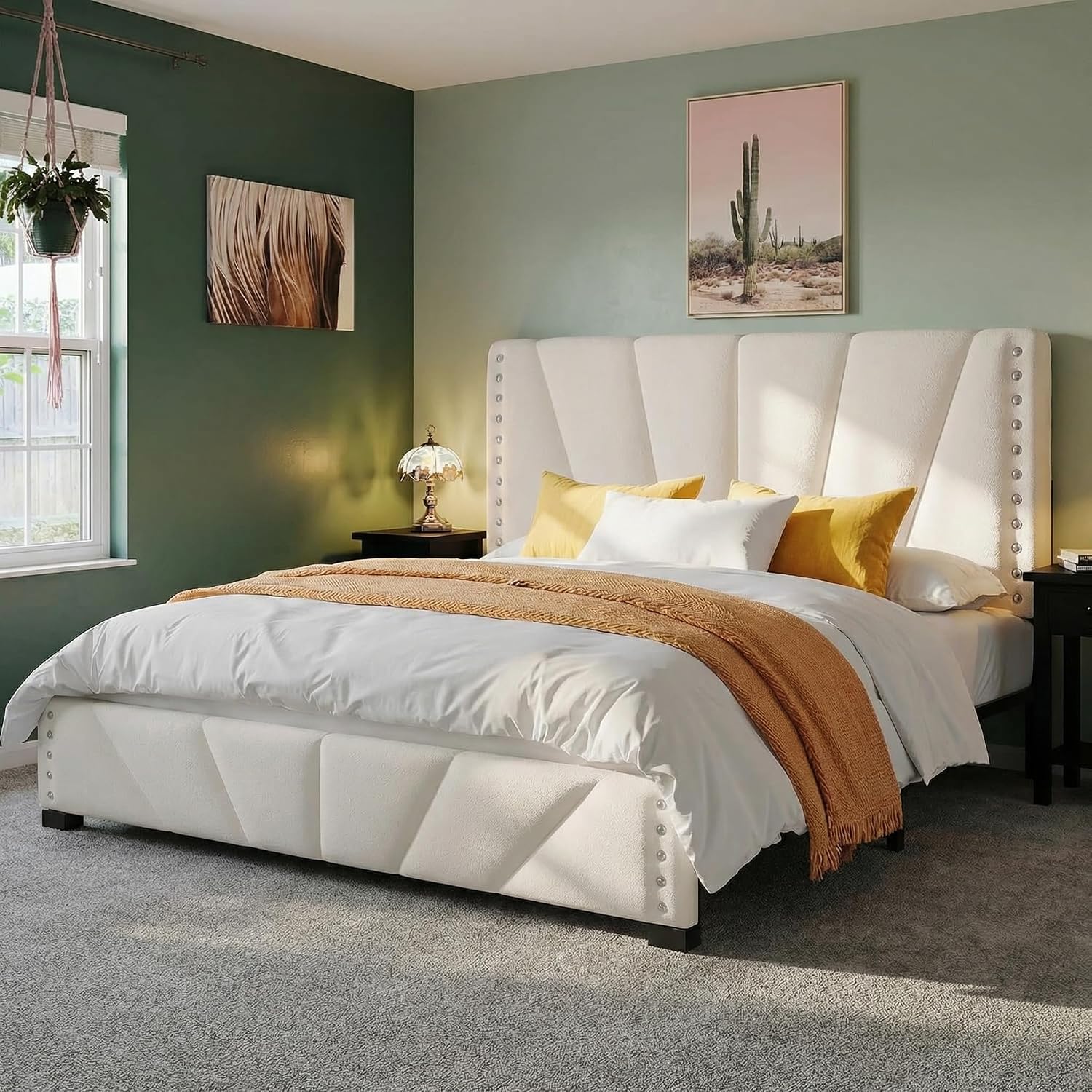 EnHomee Full Size Bed Frame with Velvet Upholstered Adjustable Headboard, LED Lights, and Charging Station for Bedroom, Apartment, and Dorm, No Box Spring Needed, Noise-Free, Easy Assembly, Beige