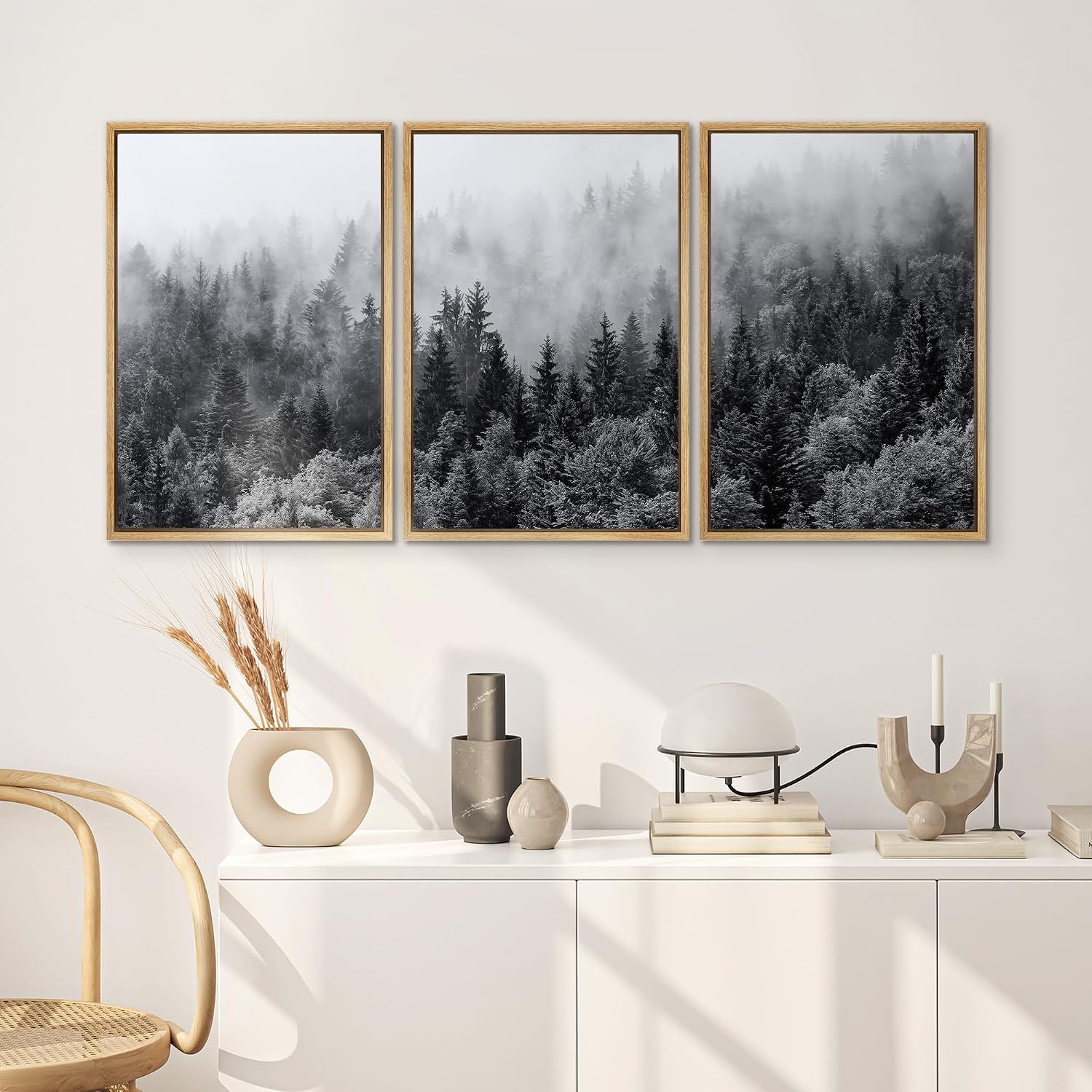 SIGNWIN Framed Canvas Print Wall Art Set Black & White Misty Mountain Forest Nature Wilderness Photography Modern Art Chic Landscape Relax/Calm for Living Room, Bedroom, Office - 24'x36'x3 Natural