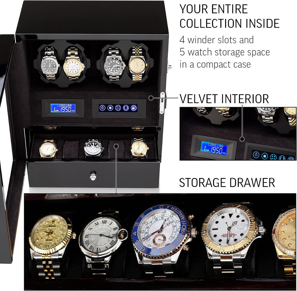 4 Watch Winder with 5 Watch Storage Space, LCD Display, Touch Control and Interior Light