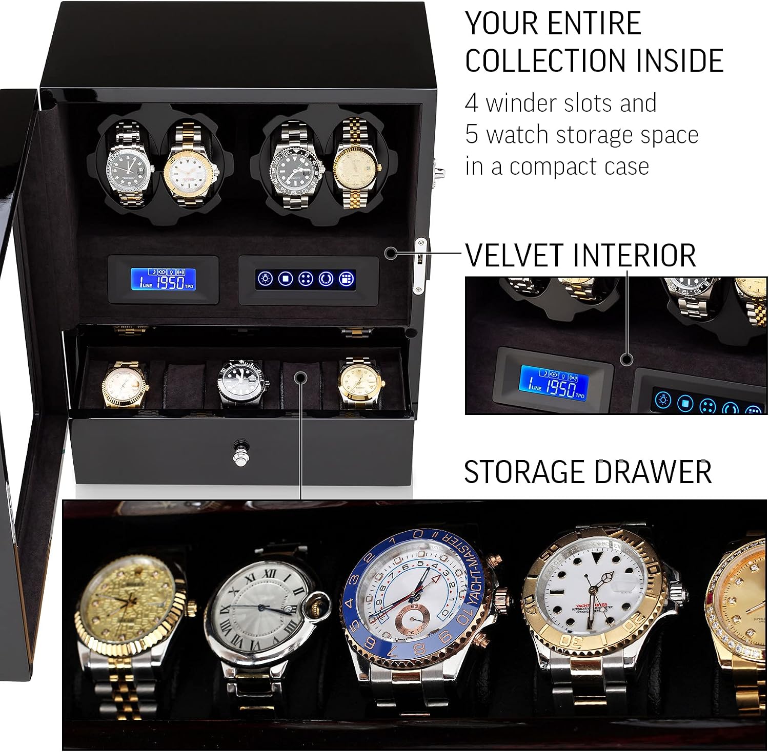 4 Watch Winder with 5 Watch Storage Space, LCD Display, Touch Control and Interior Light