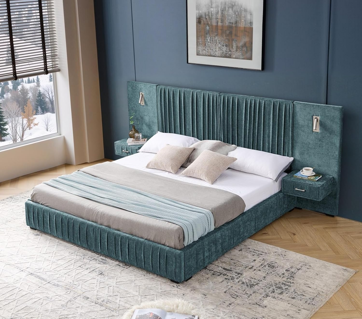 KEIKI King Size Chenille Bed Frame with 2 Nightstands, Lamps & Oversize Headboard, Solid Wood Frame Platform Night Stand Bedroom Set, Upholstered Floor Grounded Bed, No Box Spring Needed, Blue Green