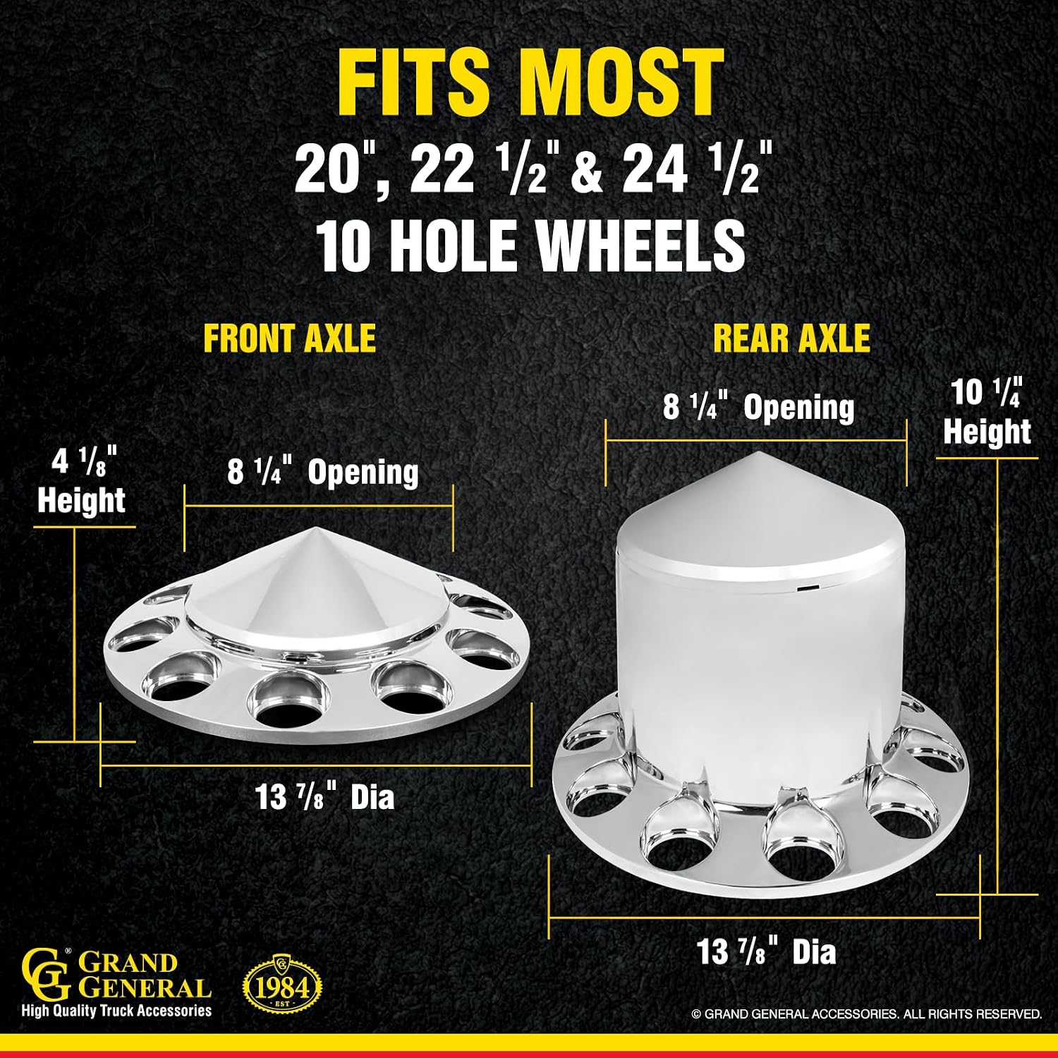 GG Grand General 40233 Chrome Plastic Complete ABS Axle Set (2 Front & 4 Rear) w/Cone Style Hub Caps and Push-On 33mm Lug Nut Covers for Trucks, 4 Pack, '33mm x 3'''