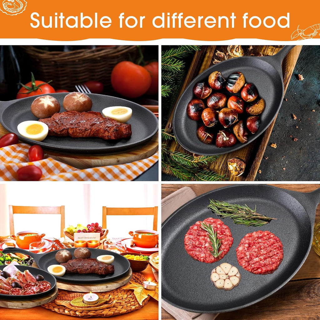 Lallisa 8 Sets Cast Iron Fajita Plate Set Fajita Plate Pan with Wooden Tray Anti Scald Protection Hot Mitt Cast Iron Skillet Set for Home Barbecue Kitchen Party Restaurant Catering Service