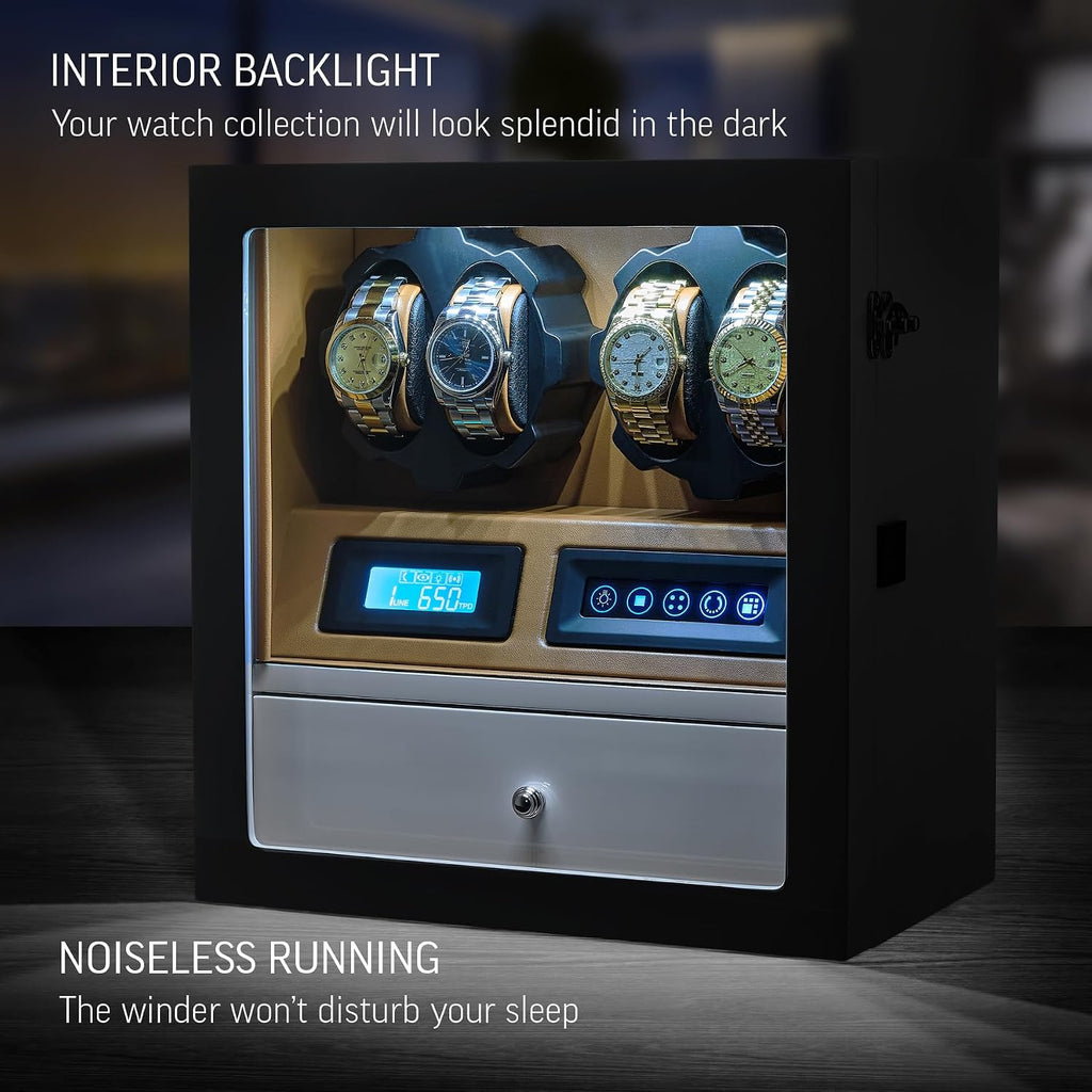 4 Watch Winder with 5 Watch Storage Space, LCD Display, Touch Control and Interior Light