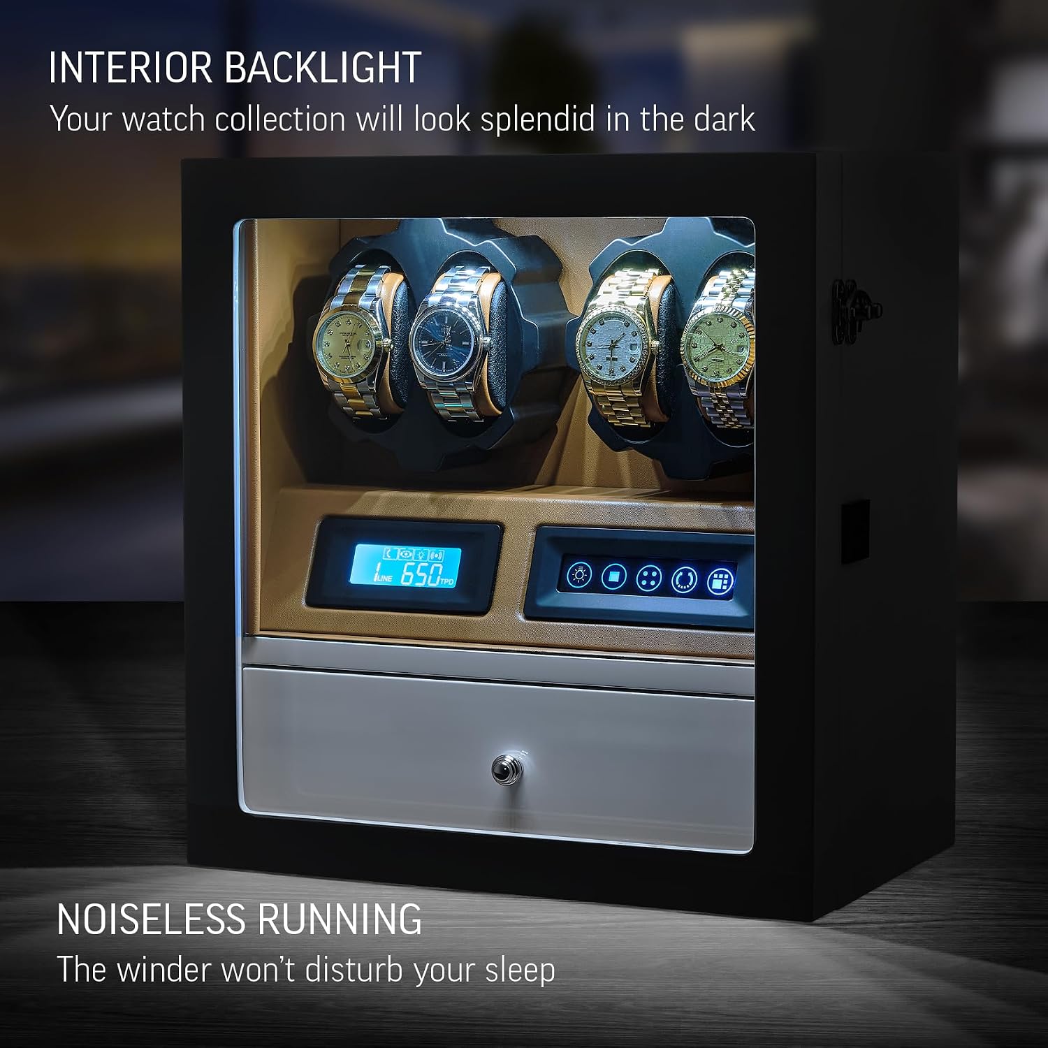 4 Watch Winder with 5 Watch Storage Space, LCD Display, Touch Control and Interior Light