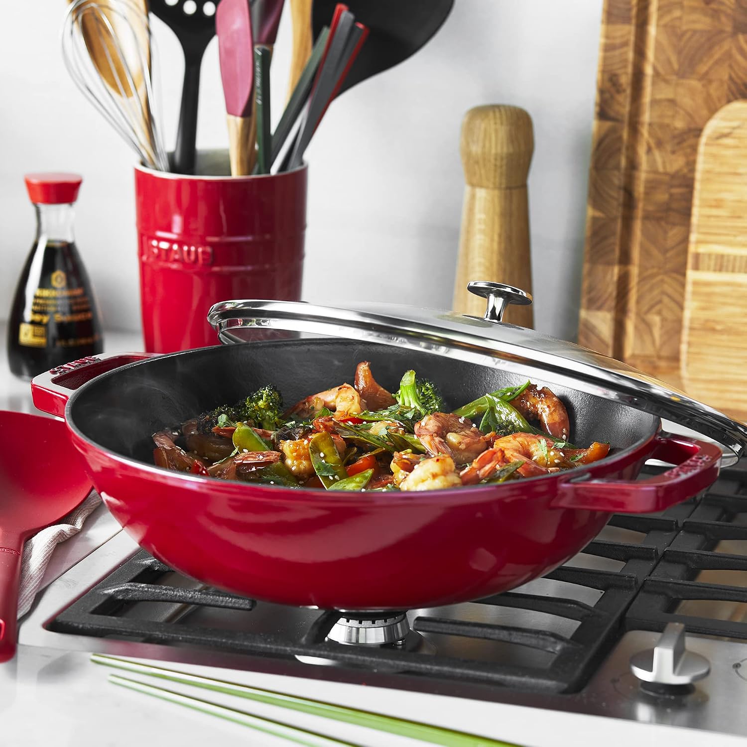 STAUB Cast Iron Perfect Pan, Wok, 4.5-quart, serves 4-5, Made in France, Cherry