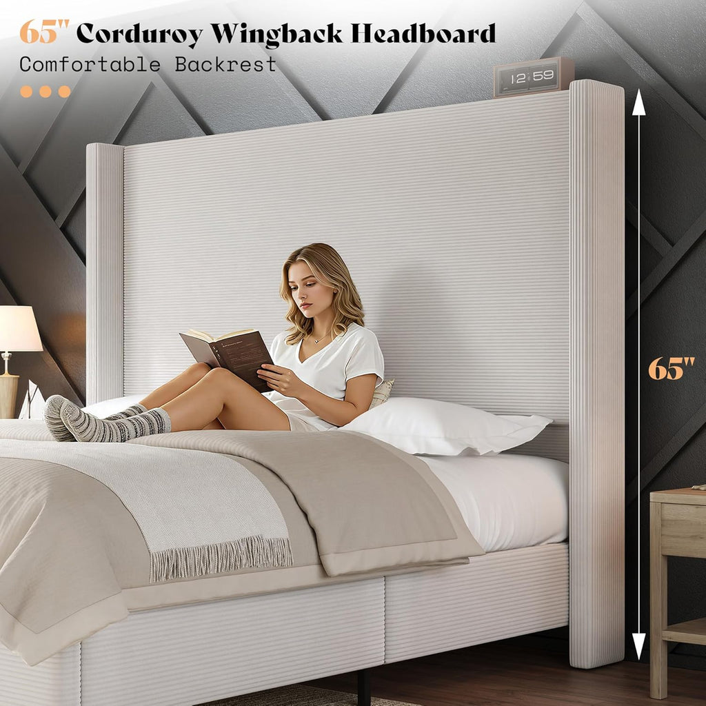 AMERLIFE King Size Bed Frame with 65' Tall Headboard, Upholstered Corduroy Bed Frame with Wingback, Platform Bed with Solid Wood Gourd Legs, Solid Slats, No Box Spring Needed, White