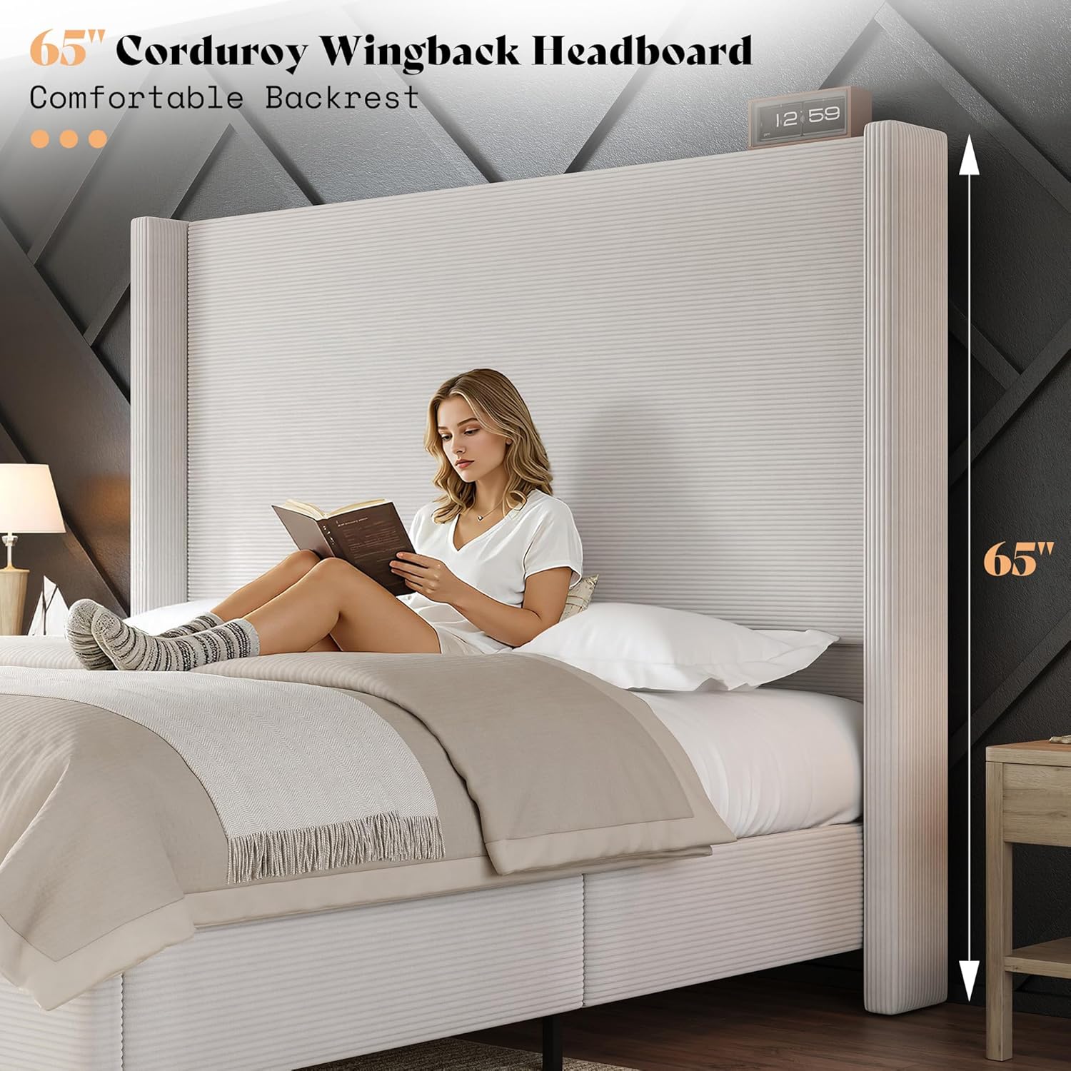 AMERLIFE King Size Bed Frame with 65' Tall Headboard, Upholstered Corduroy Bed Frame with Wingback, Platform Bed with Solid Wood Gourd Legs, Solid Slats, No Box Spring Needed, White