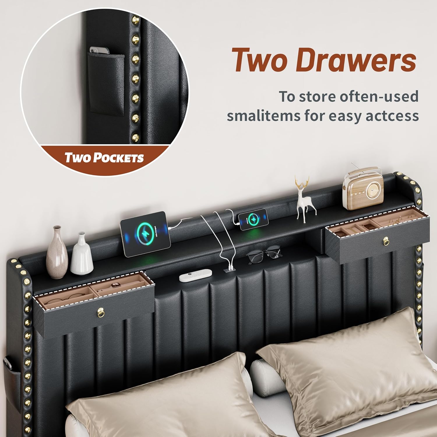 CypBed King Size Bed Frame with 2 Tier Storage Headboard, Upholstered King Bed Frame with 4-Storage Drawers, 3 USB & Type-C Charging Ports,Solid Wood Slats,No Box Spring Needed,Noise-Free, Black,Gift