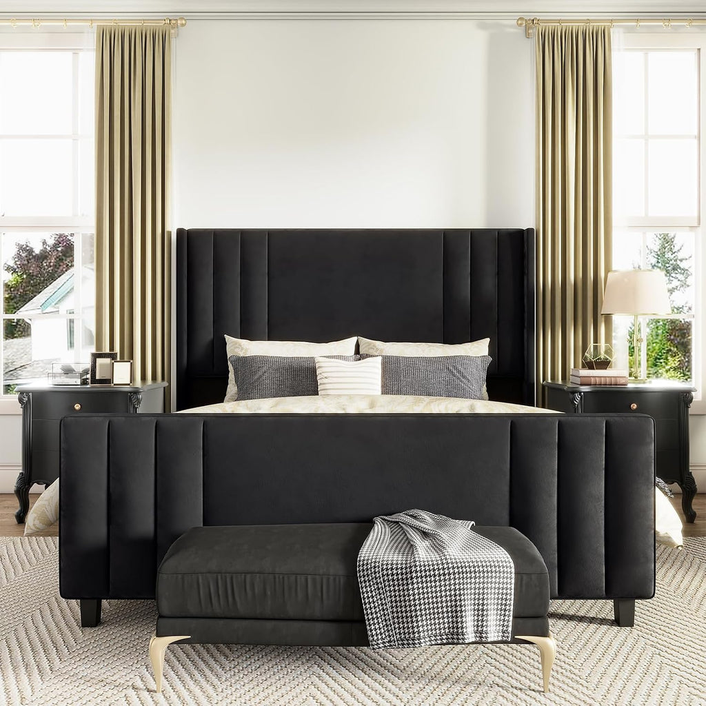 AMERLIFE King Size Bed Frame, Velvet Upholstered Platform Bed with Vertical Channel Tufted Headboard & Footboard/Wingback, Mattress Foundation with Wood Slats, No Box Spring Needed, Black