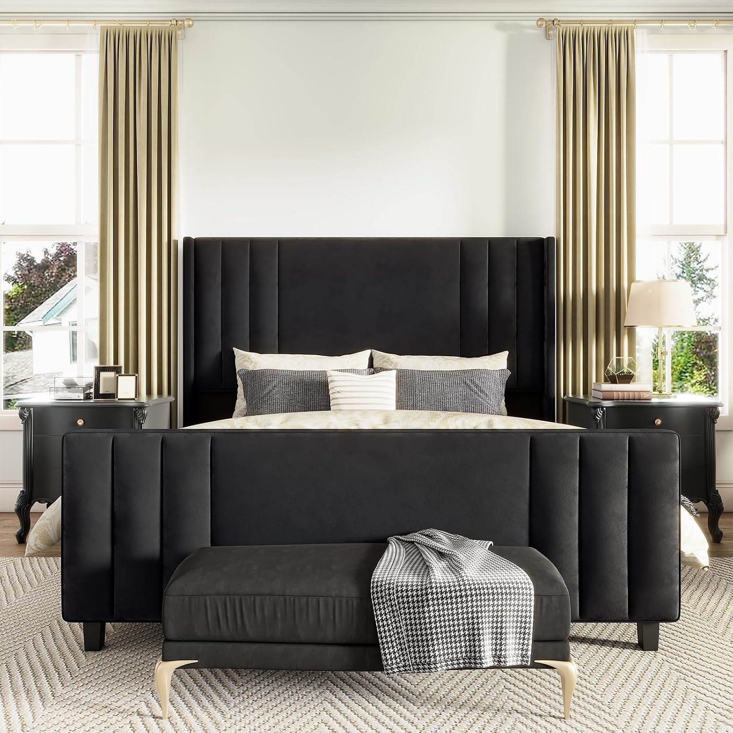 AMERLIFE King Size Bed Frame, Velvet Upholstered Platform Bed with Vertical Channel Tufted Headboard & Footboard/Wingback, Mattress Foundation with Wood Slats, No Box Spring Needed, Black