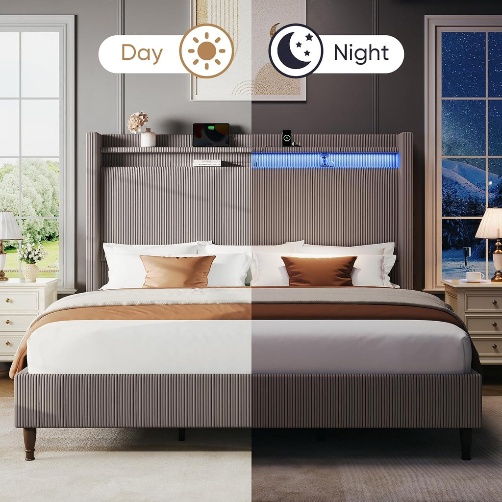 King Bed Frame with 55.3' Tall Headboard, Corduroy Upholstered Platform Bed with LED Lights & Charging Station, Wingback Storage Headboard, Solid Wood Slats,Noise Free,No Box Spring Needed,Gray Brown