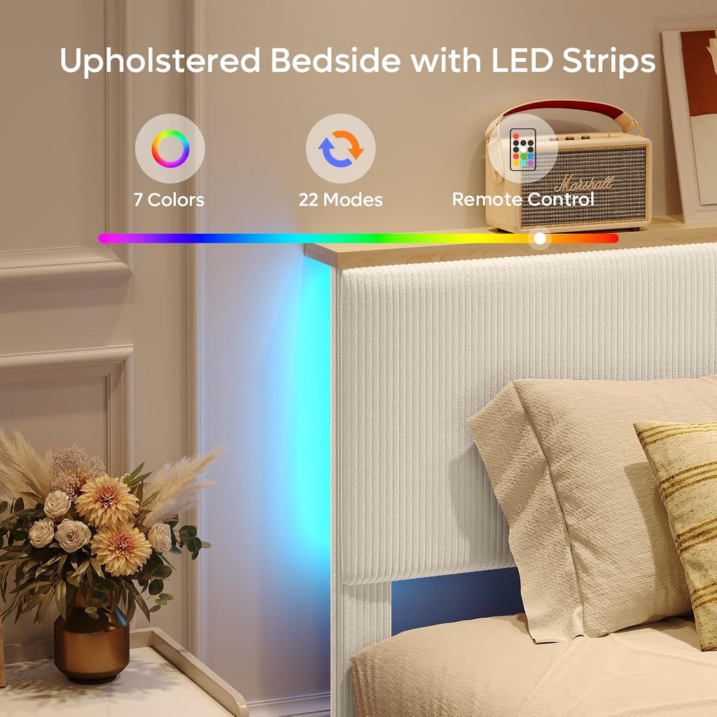 Bestier Full Bed Frame with Adjustable Headboard & LEDLighting, Corduroy Upholstered Platform Bed Frame withStorage Shelf, Solid Wood Slats, No Box Spring Needed,Never Squeak, Easy Assembly, Beige