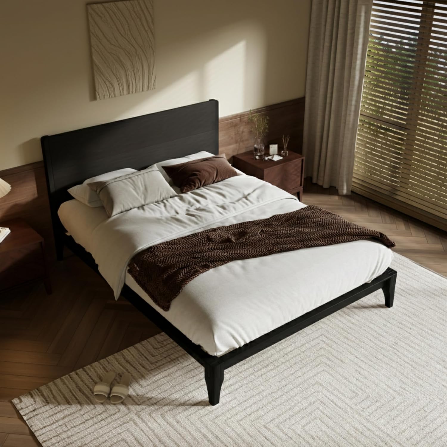 Merax Queen Size Bamboo Platform Bed, Mid-Century Modern Bed Frame with Tall Headboard, Solid Sustainable Bedframe Queen-Size, Wood Slat Support, No Box Spring Needed, Easy Assembly, Noise Free, Black