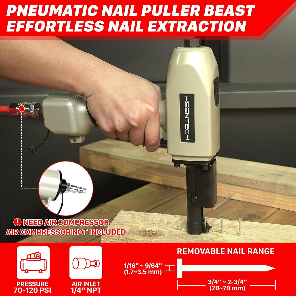 KEENTECH Pneumatic Nail Puller, Fast & Labor-Saving Nail Remover Tool, Denailer Air Gun With Safety Trigger, Nail Puller Tool Effortlessly Removes 3/4'-2-3/4' Nail From Recycled Wood, Pallets, Fences