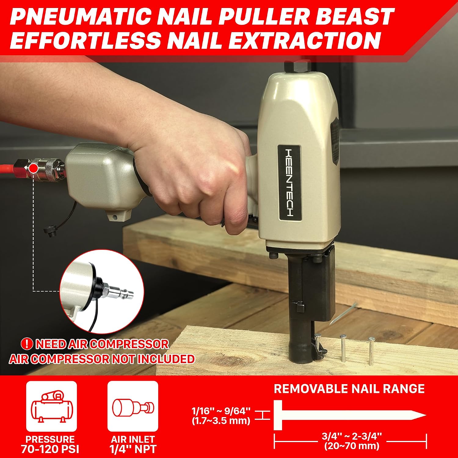 KEENTECH Pneumatic Nail Puller, Fast & Labor-Saving Nail Remover Tool, Denailer Air Gun With Safety Trigger, Nail Puller Tool Effortlessly Removes 3/4'-2-3/4' Nail From Recycled Wood, Pallets, Fences