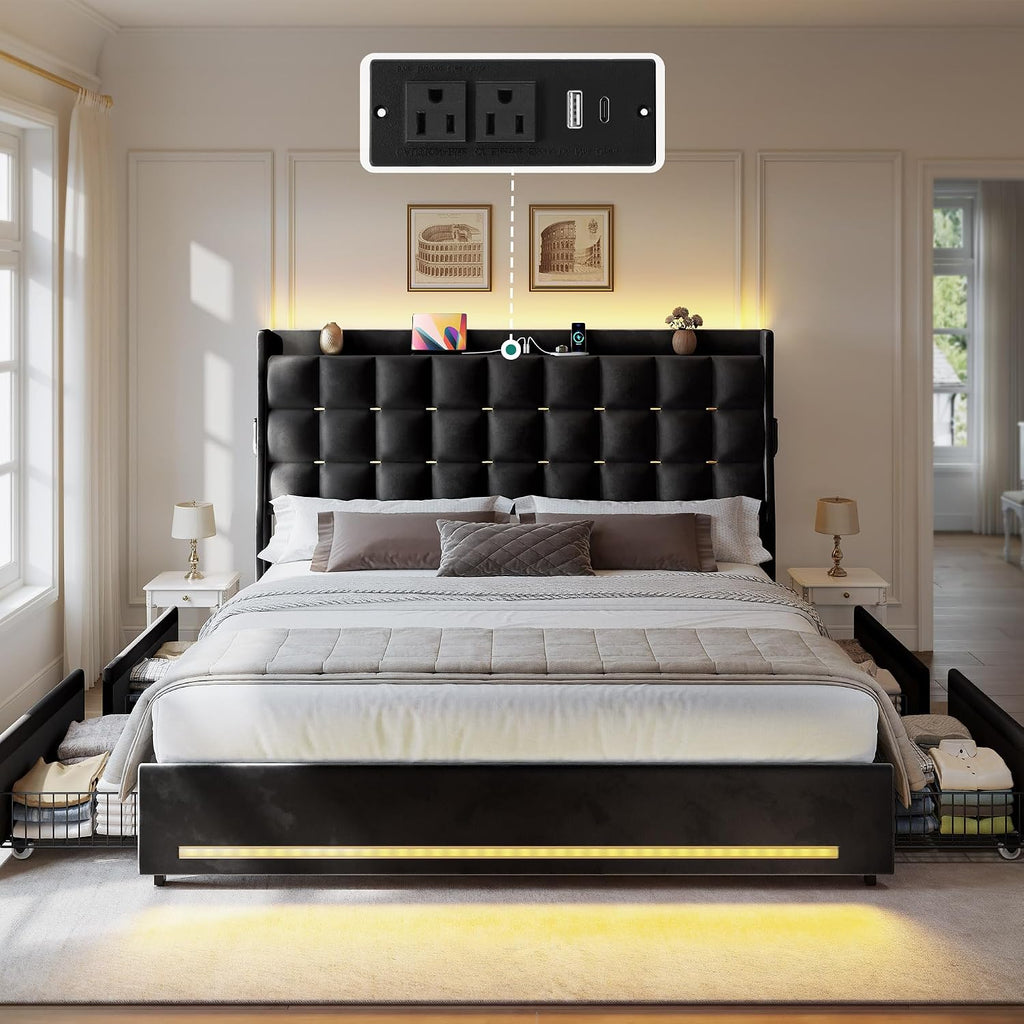 DWVO Queen Size Bed Frame with 4 Drawers and RGB LED Lights, Velvet Upholstered Platform Bed with Charging Station and Storage Headboard, No Box Spring Needed, Easy Assembly, Noise-Free, Black