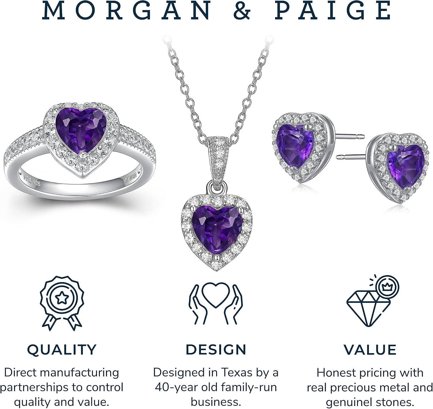 MORGAN & PAIGE .925 Sterling Silver Gemstones and White Sapphire Halo Heart Pendant Necklace, Ring and Stud Earrings for Women Set - Birthstone Jewelry Sets for Women, 18in Cable Chain, Size 7 Ring