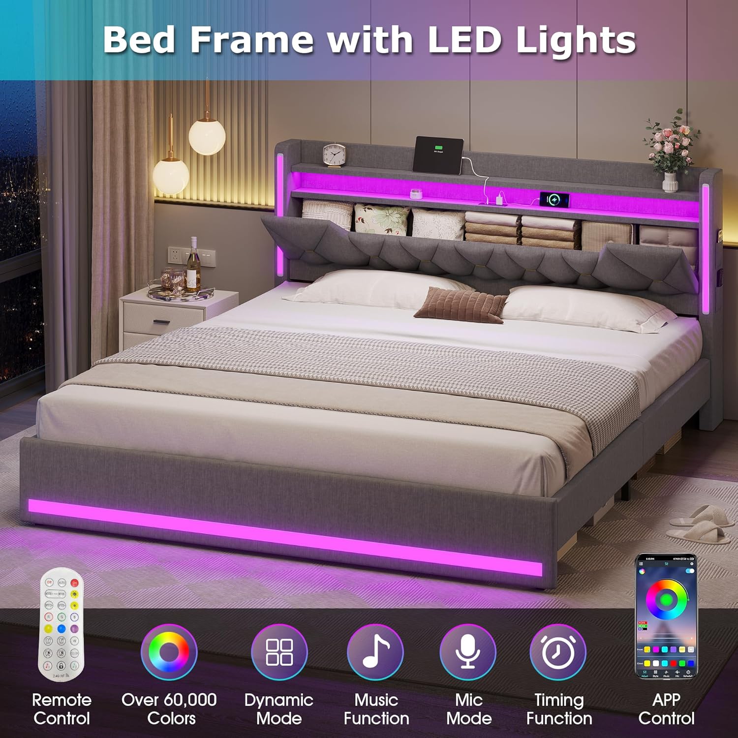 busyaeh California King Bed Frame with Marshmallow Headboard and Storage, Cal King Bed Frame with LED Lights & Charging Station, Upholstered Platform Bed with Metal Support, No Noise, Gray
