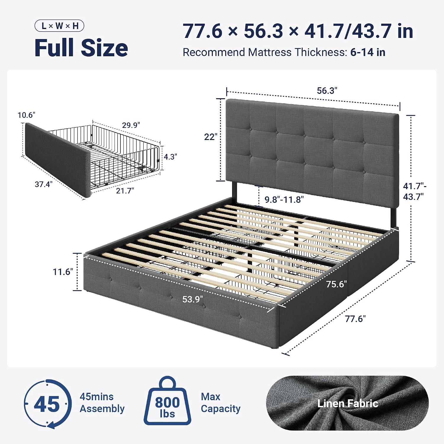 Allewie Upholstered Full Size Platform Bed Frame with 4 Storage Drawers and Headboard, Square Stitched Button Tufted, Mattress Foundation with Wooden Slats Support, No Box Spring Needed, Light Grey