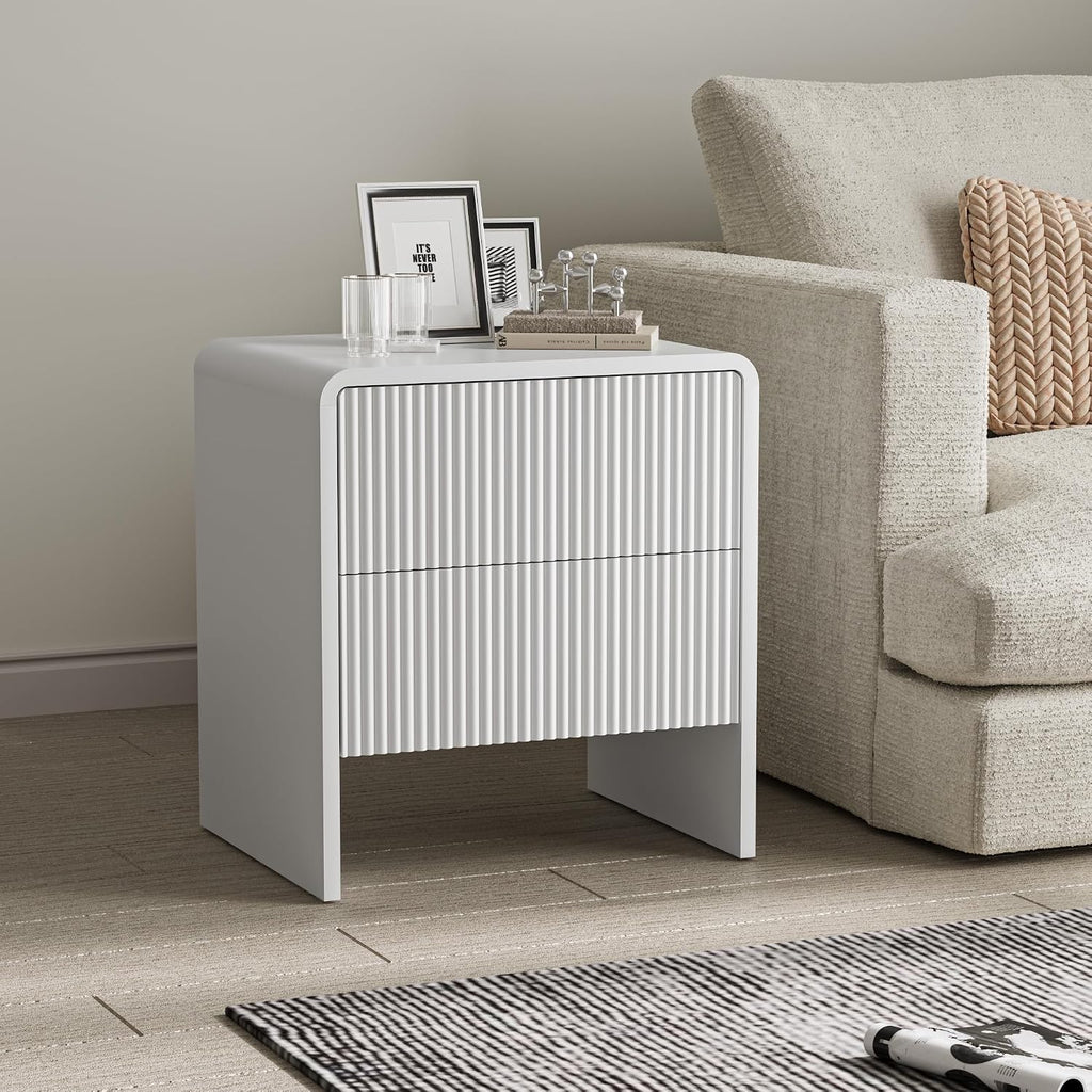 Set of 2 Curved Nightstand with 2 Drawers, Wooden Bedside Table with Push to Open Storage, Modern End Table for Bedroom, White