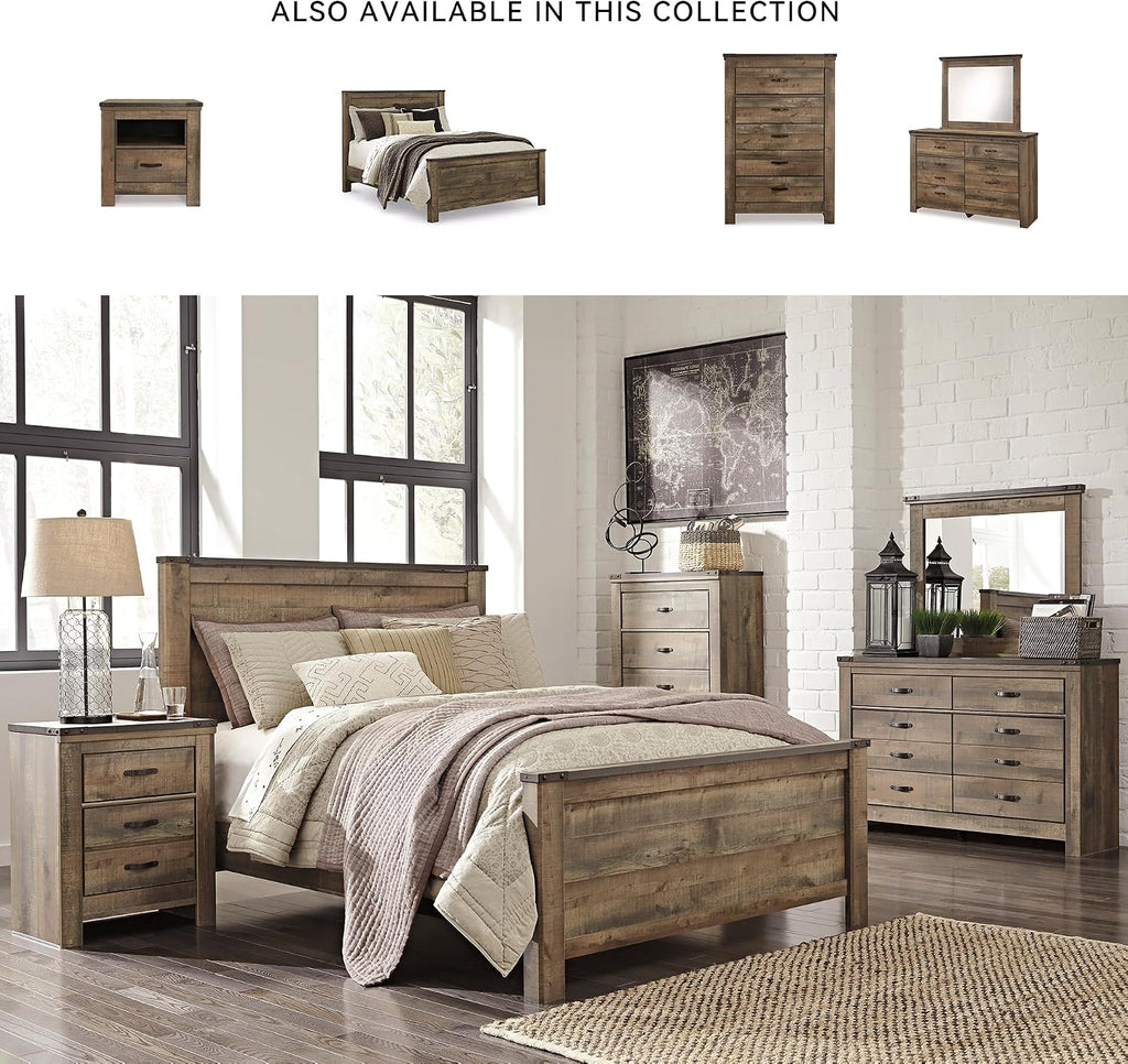 Signature Design by Ashley Trinell Casual Queen Panel Bed with Metal Slats and Nailheads, Foundation or Box Spring Needed, Dark Brown