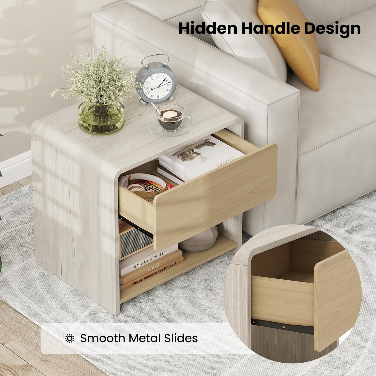 Giantex Modern Nightstand with Drawer Set of 2, Wooden Bedside Table with Storage Open Shelf, Accent End Table for Small Spaces, Curve Design Night Stand for Bedroom Couch Sofa Home Office, Oak