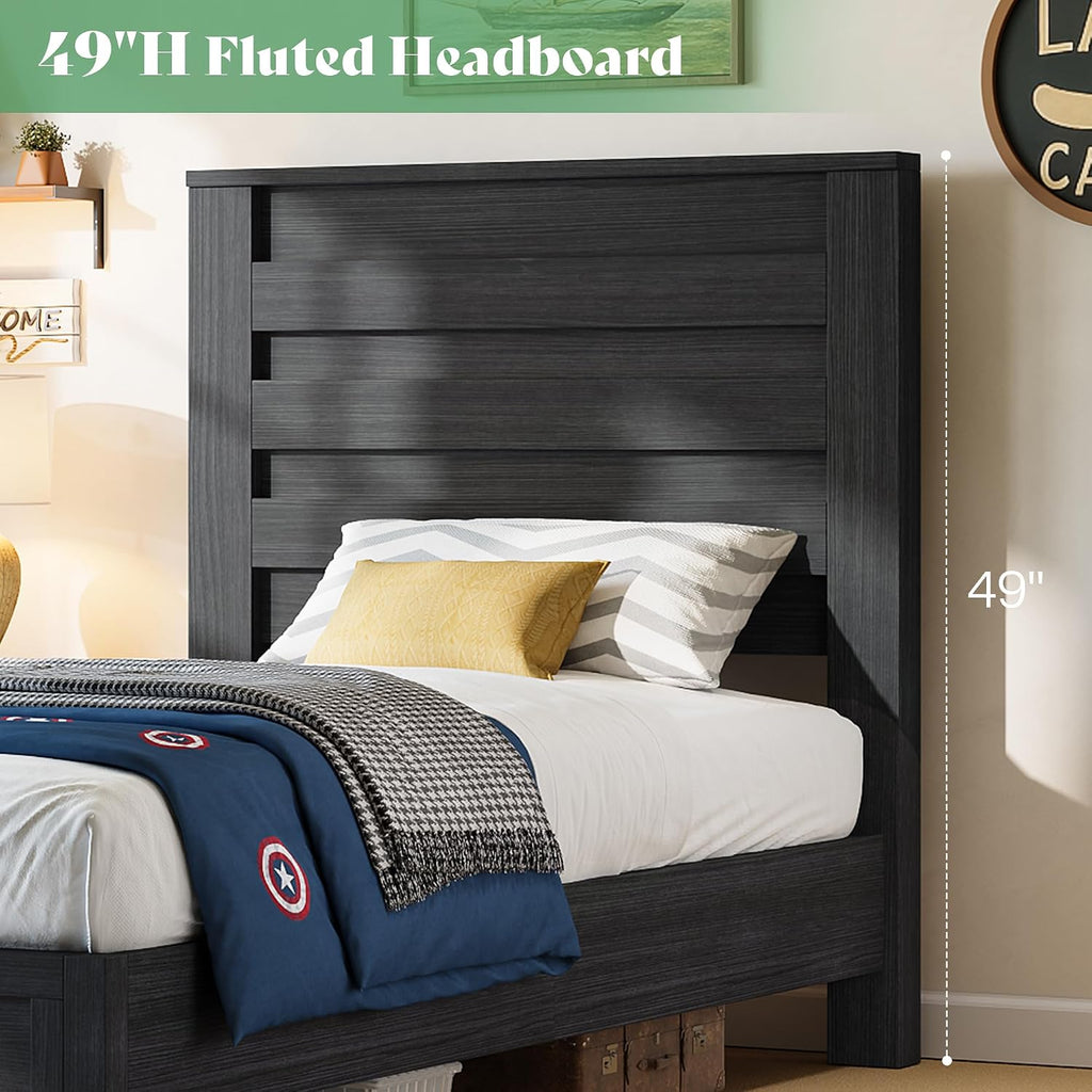 AMERLIFE Farmhouse Twin Bed Frame with 49' Fluted Headboard, Platform Bed with Natural Wood Grain Finish, Noise Free, No Box Spring Needed, Black