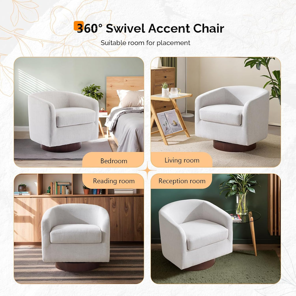 VINGLI 360°Swivel Accent Chairs Set of 2 with Engineered Wood Base and Removable Cushion for Living Room, Bedroom, Curved Back Barrel Chairs for Small Space, Upholstered Bucket Armchairs, Linen Beige