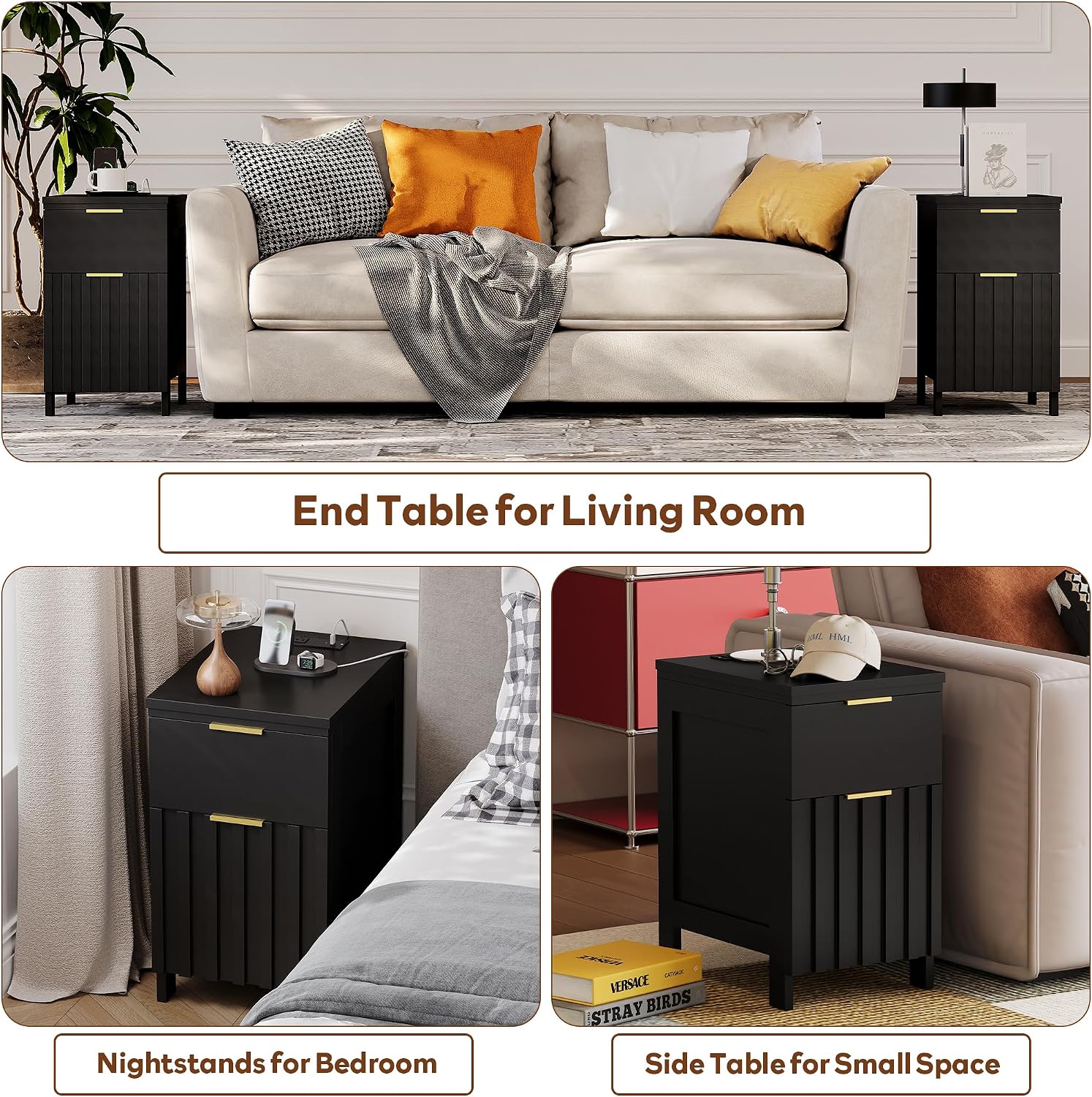 LAZZO 3 Piece Dresser and Nightstand Sets Modern Fluted Bedroom Set with 6 Drawer Dresser & 2 Nightstands,MDF Wood, Gold Handles, Black Finish, Storage Furniture for Bedroom, Closet, Apartment