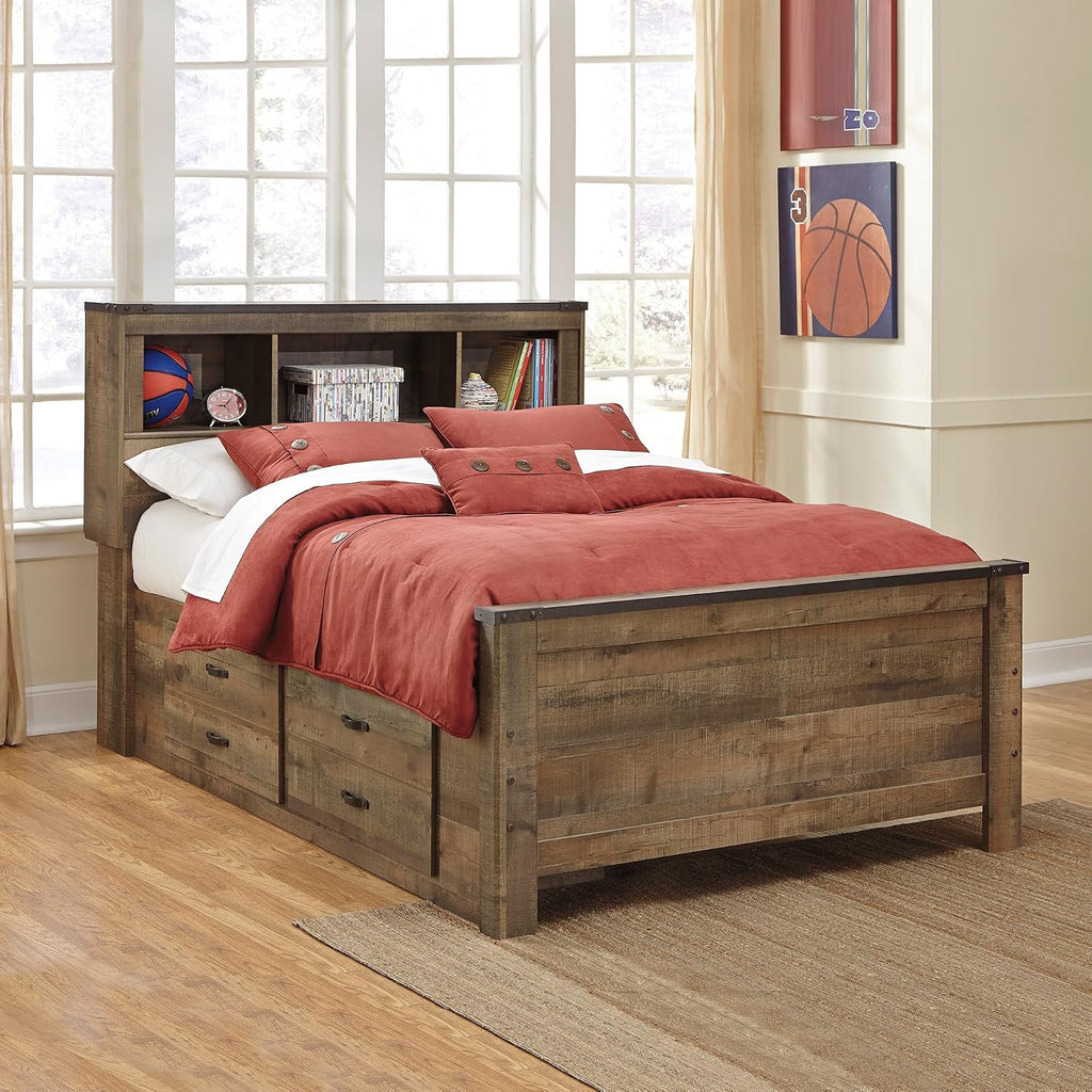 Signature Design by Ashley Trinell Casual Full Bookcase Platform Bed with 2 Storage Drawers and Nailheads, Foundation or Box Spring Not Needed, Dark Brown