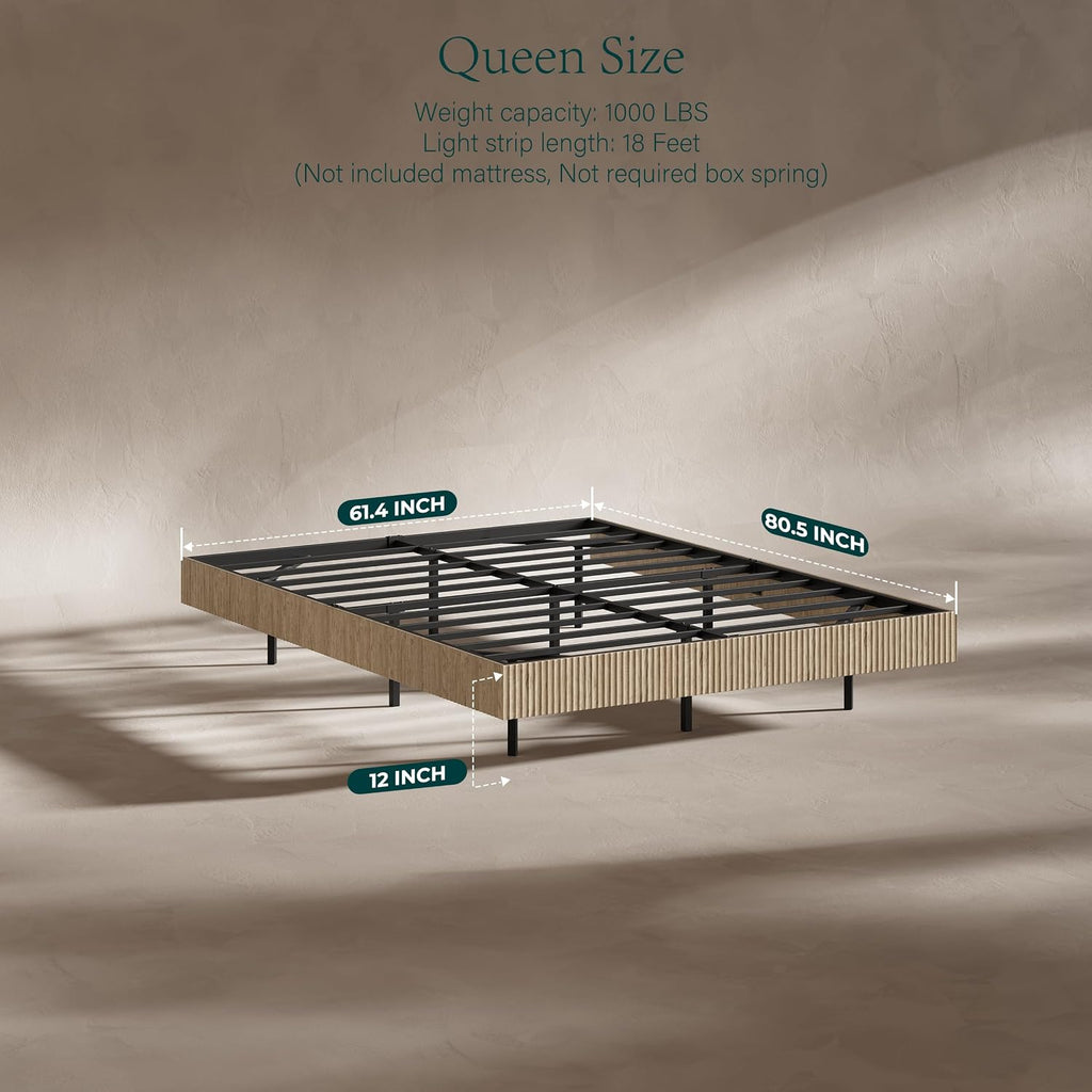 Evermagin Oak Queen Floating Bed Frame with led Lights, Fluted 12In High Platform Bed No Headboard, Heavy Duty Mid Century Modern Float Metal Bedframe, No Box Spring Needed (Oak, Queen-12in high)