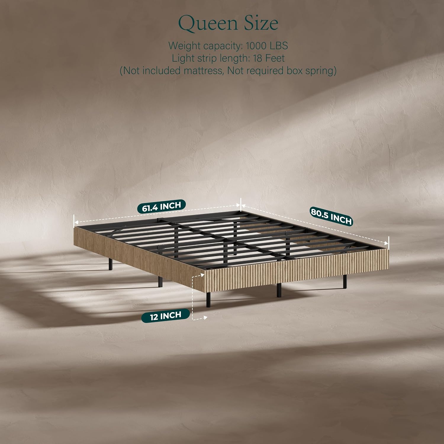 Evermagin Oak Queen Floating Bed Frame with led Lights, Fluted 12In High Platform Bed No Headboard, Heavy Duty Mid Century Modern Float Metal Bedframe, No Box Spring Needed (Oak, Queen-12in high)
