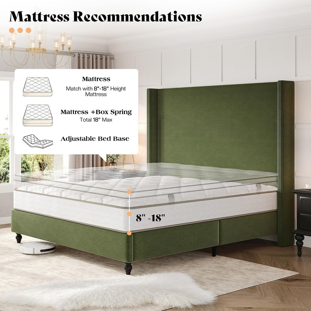 AMERLIFE King Size Bed Frame with 65' Tall Headboard, Upholstered Corduroy Bed Frame with Wingback, Platform Bed with Solid Wood Gourd Legs, Solid Slats, No Box Spring Needed, Green
