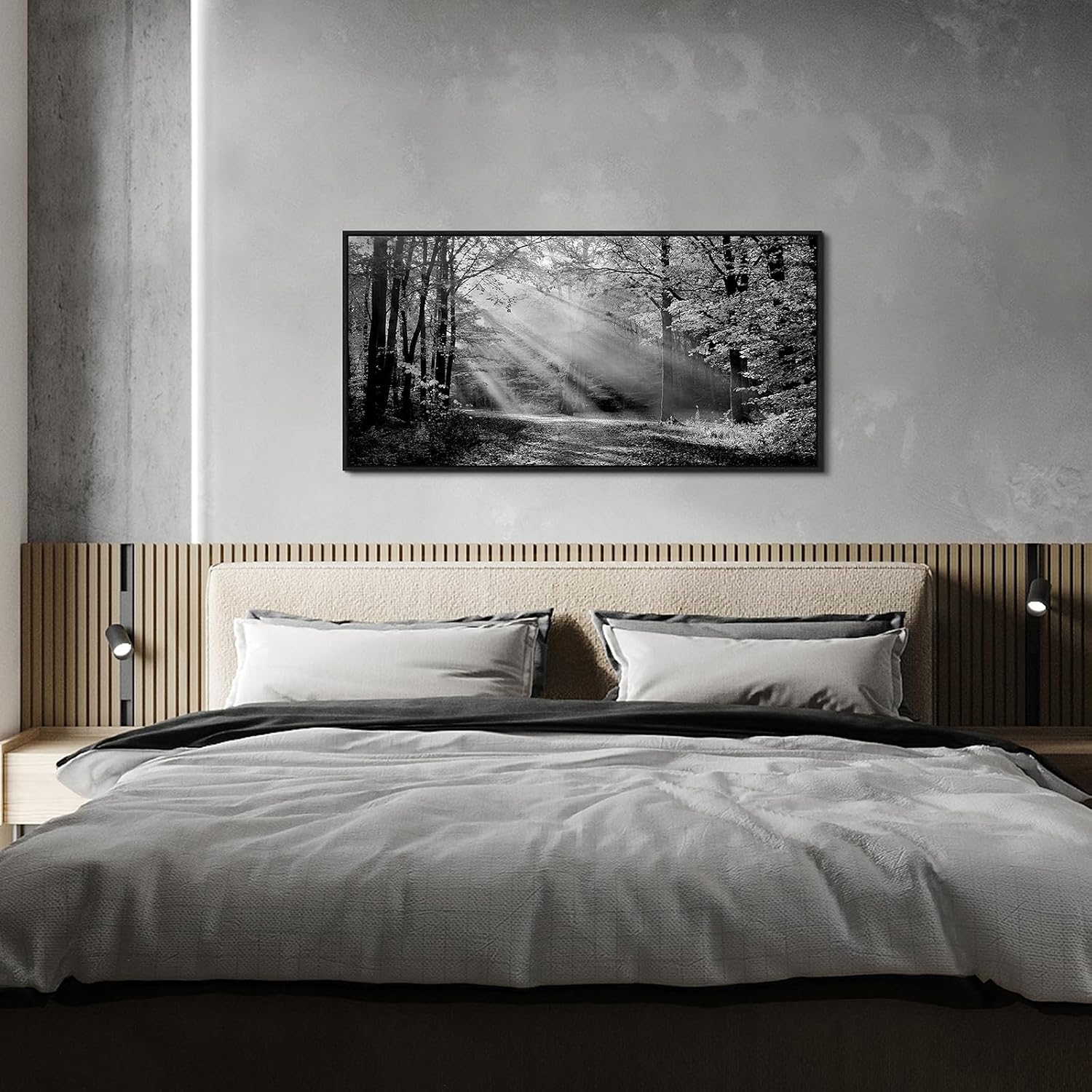 Landscape Canvas Framed Wall Art - Black White Sunset Forest Picture Woodland Painting Nature Tree Scenery Artwork Prints for Bedroom Living Room