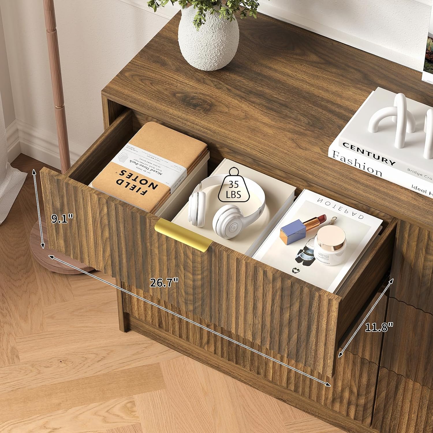 3-Piece Modern Bedroom Furniture Set, Wide 6-Drawer Dresser & 2-Drawer Nightstands Set of 2, Natural Wood Dresser and Nightstand Sets for Bedroom, Hallway, Walnut