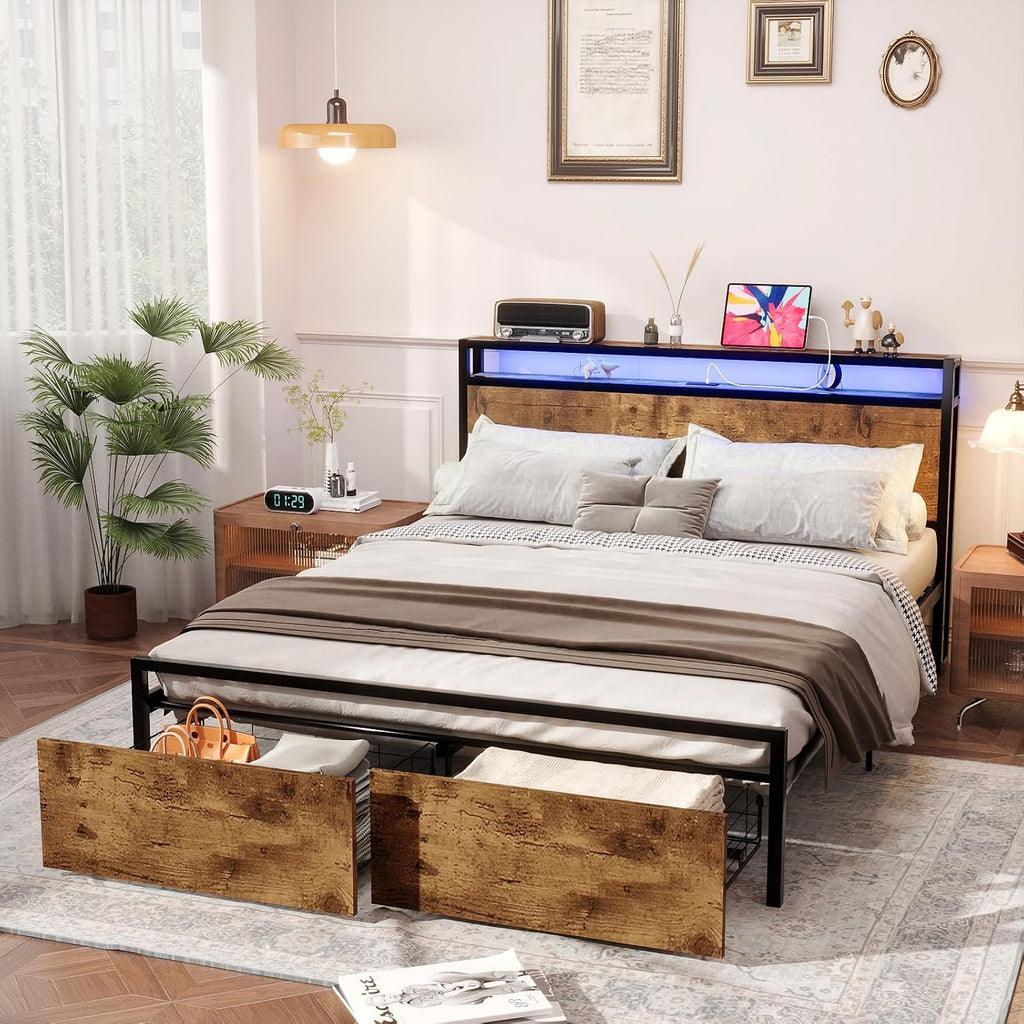 Kiivakii Queen Size Bed Frame, LED Storage Headboard with Charging Station, 2 Drawers Platform Bed Frames, Stable and Solid, No Box Spring Needed, Rustic Brown