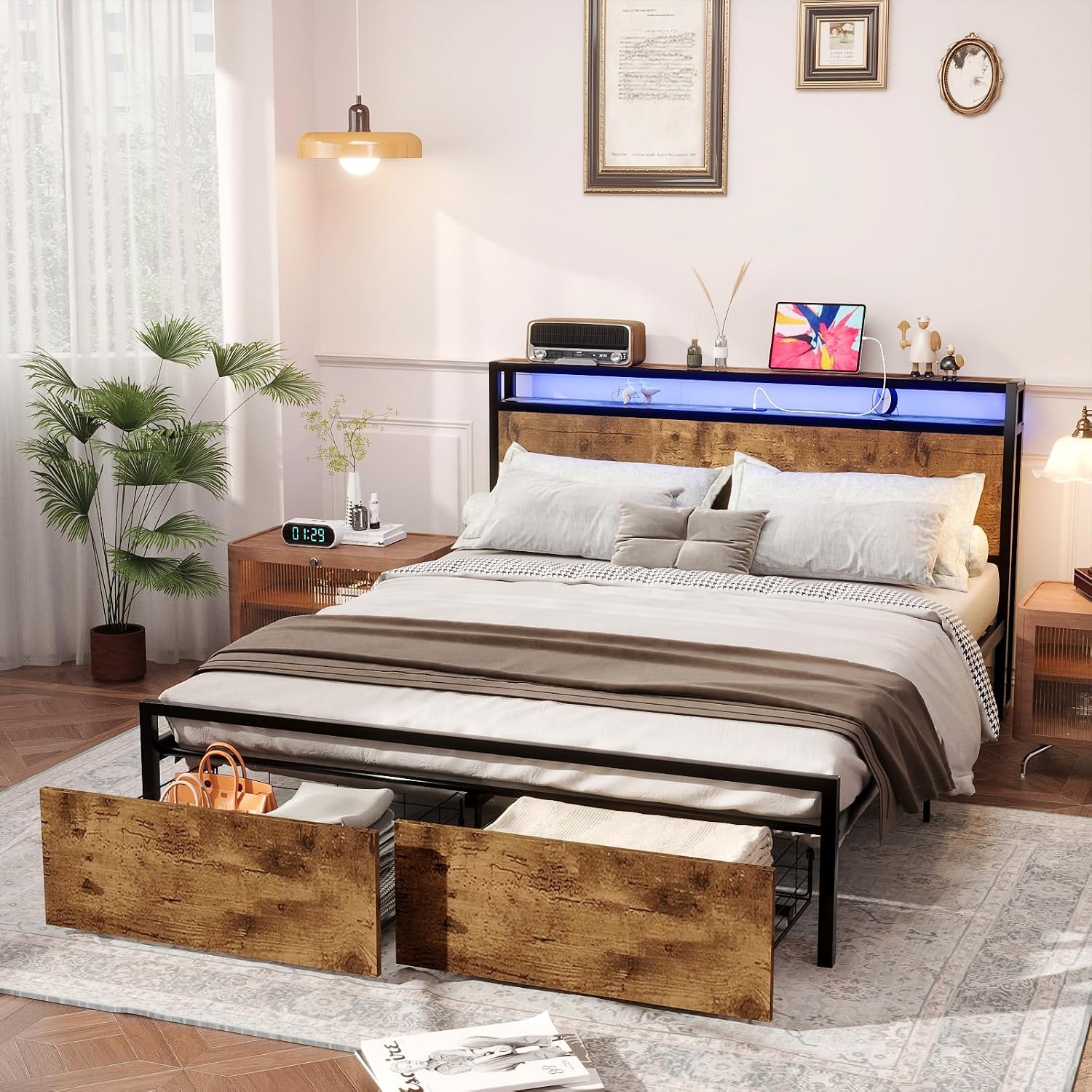 Kiivakii Queen Size Bed Frame, LED Storage Headboard with Charging Station, 2 Drawers Platform Bed Frames, Stable and Solid, No Box Spring Needed, Rustic Brown