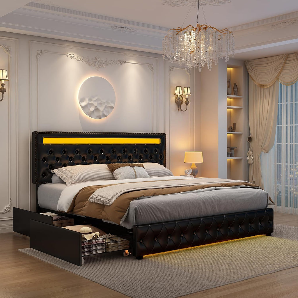 GEGOFORU King Led Bed Frame with 4 Storage Drawers, with Smart Control RGBW LED Lights Headboard Footboard, Control DIY Color, Box Spring Optional, PU Black