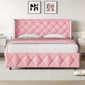 Lullabyre Full Size Bed Frame, Upholstered Bed Frame with Diamond Tufted Headboard, Modern Silverside Wingback, No Box Spring Needed, Easy Assembly, Pink