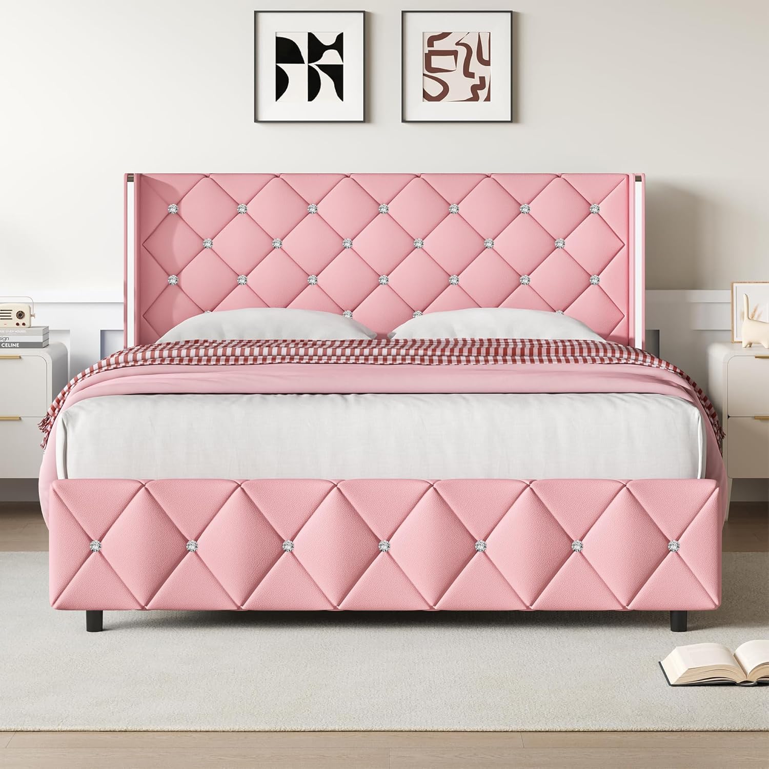Lullabyre Full Size Bed Frame, Upholstered Bed Frame with Diamond Tufted Headboard, Modern Silverside Wingback, No Box Spring Needed, Easy Assembly, Pink