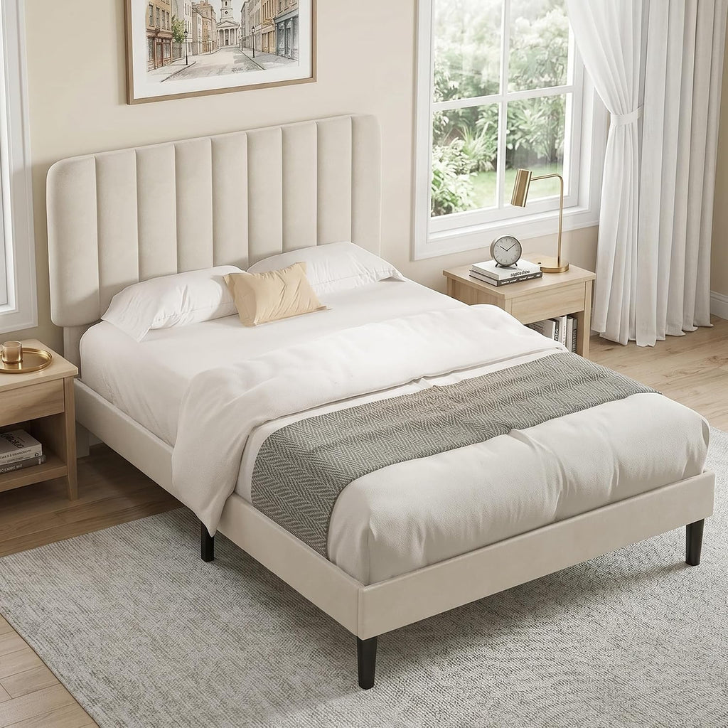 VECELO Full Size Bed Frame with Upholstered Headboard, Velvet Platform Bedframe Mattress Foundation, Strong Wood Slat Support, No Box Spring Needed,Bone Beige